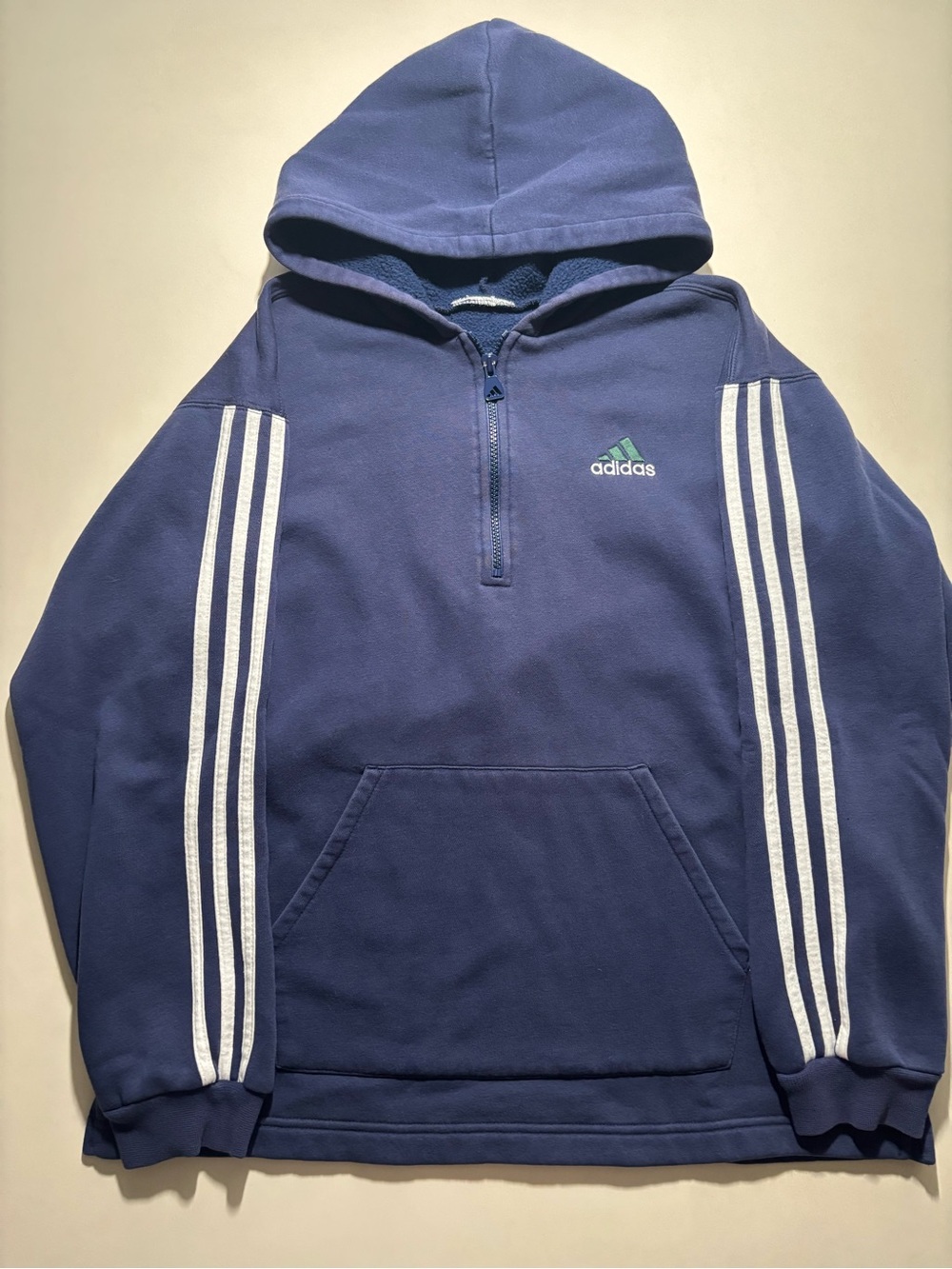 Vintage adidas Navy Blue Hooded Half-Zip Y2K hoodie with White Stripes